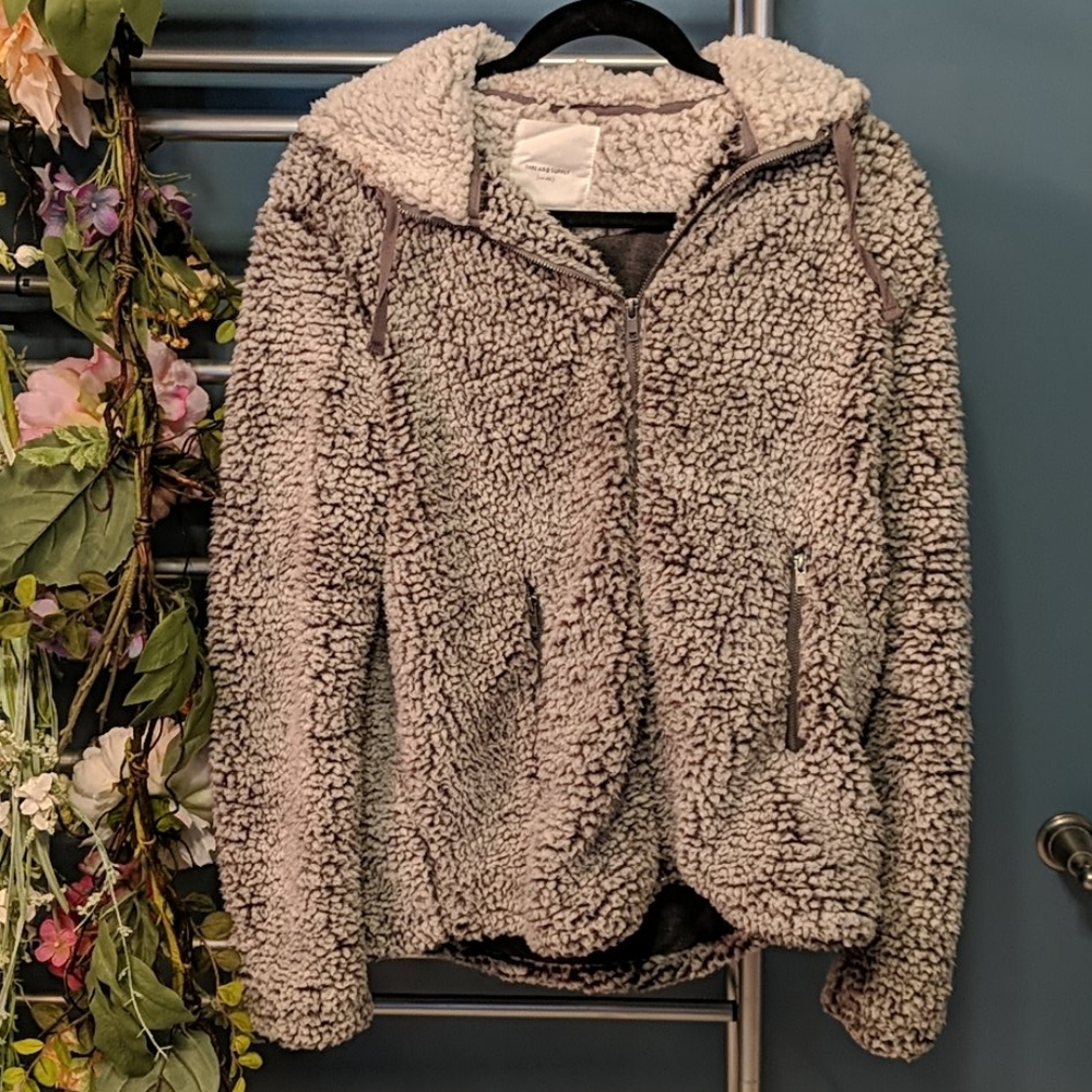 Thread Supply Gray Sherpa Zip Up Hoodie Jacket